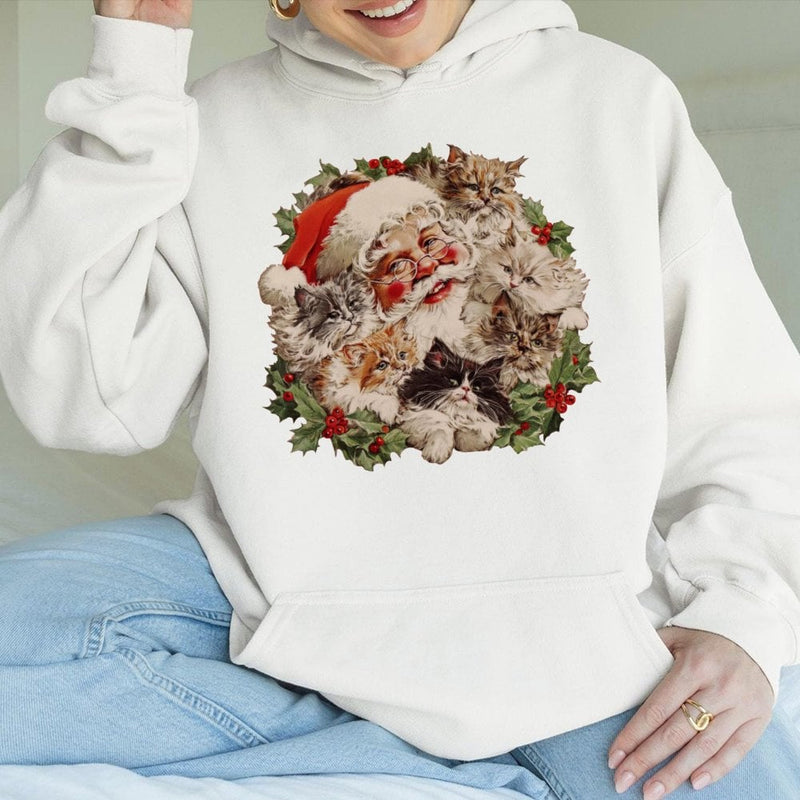 Retro Christmas Cat Hoodie, Vintage Santa Kittens Hoodie, Festive Santa Claus Cat Lover Sweatshirt, Comfy Holiday Pullover, Xmas Cat Present