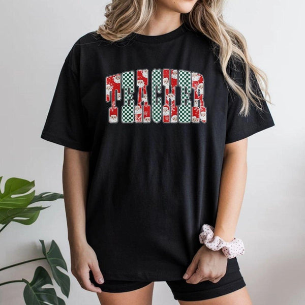 Santa Claus Checkered Shirt, Christmas Teacher T-Shirt, Adorable Teacher Christmas Tee, Festive Educator Graphic T-Shirt, Win