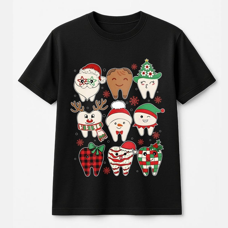 Adorable Teeth Characters Holiday Graphic Tee, Dental Christmas Shirt, Dentist Dental Hygienist T-Shirt, Assistant Clinic Apparel Present