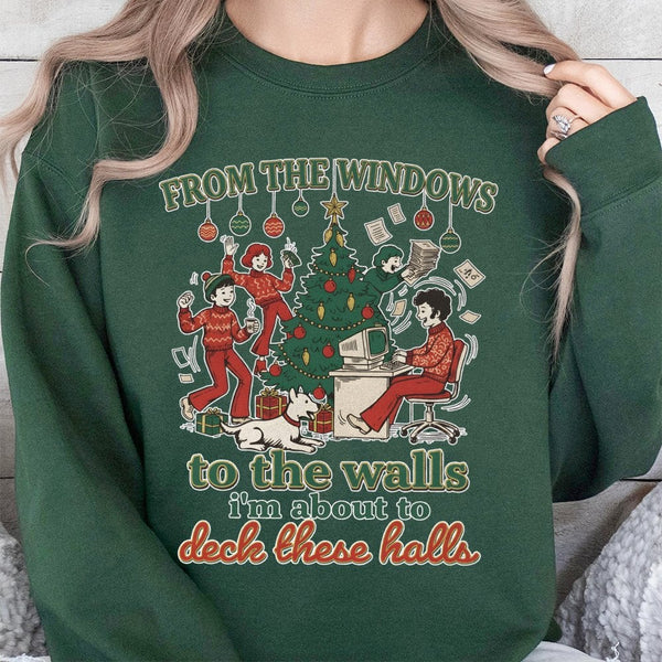 Retro Holiday Humor Graphic Sweater, Deck the Halls Christmas Sweatshirt, Humorous Office Party Xmas Crewneck, Sarcastic Chri