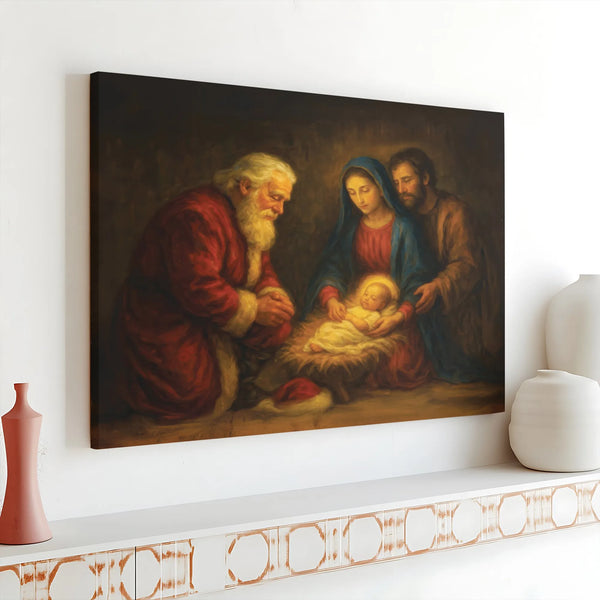 Religious Nativity Scene Canvas Wall Art, Santa Kneeling at Manger Canvas Print, Christian Santa Christmas Canvas Decor, Holy