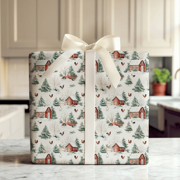 Rustic Farmhouse Christmas Gift Wrap, Vintage Red Truck Wrapping Paper, Watercolor Barn Holiday Wrapping Paper, Country Winte