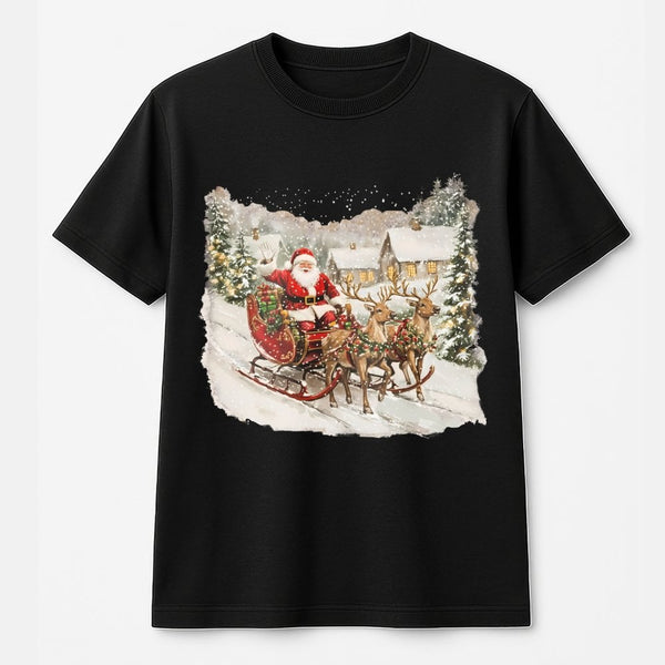 Retro Santa Reindeer T-Shirt, Vintage Santa Sleigh T-Shirt, Nostalgic Santa Christmas Tee, Classic Holiday Graphic T-Shirt, X
