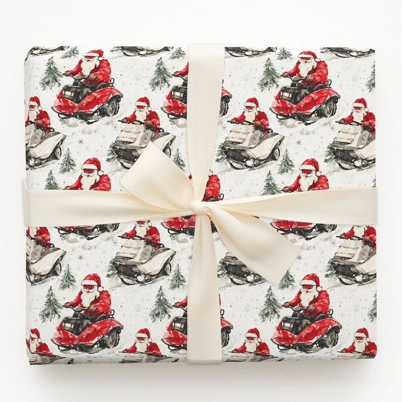 Humorous ATV Santa Gift Wrap, Santa Snowmobile Wrapping Paper, Watercolor Winter Sports Paper, Christmas Outdoor Wrapping Paper Roll