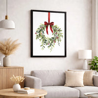 Holly Berry Red Bow Canvas Print, Watercolor Christmas Wreath Canvas Art, Festive Holiday Wall Art, Winter Botanical Canvas, Holiday Present