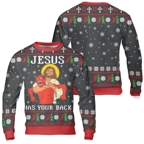 Humorous Christian Ugly Christmas Sweatshirt, Jesus Has Your Back Sweatshirt, Religious Holiday Humor Sweatshirt