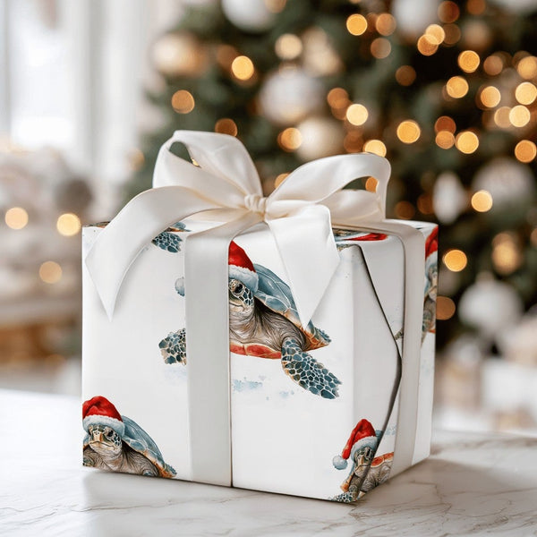 Santa Hat Ocean Gift Wrap, Sea Turtle Christmas Wrapping Paper, Watercolor Marine Animal Present Paper, Coastal Holiday Gift 