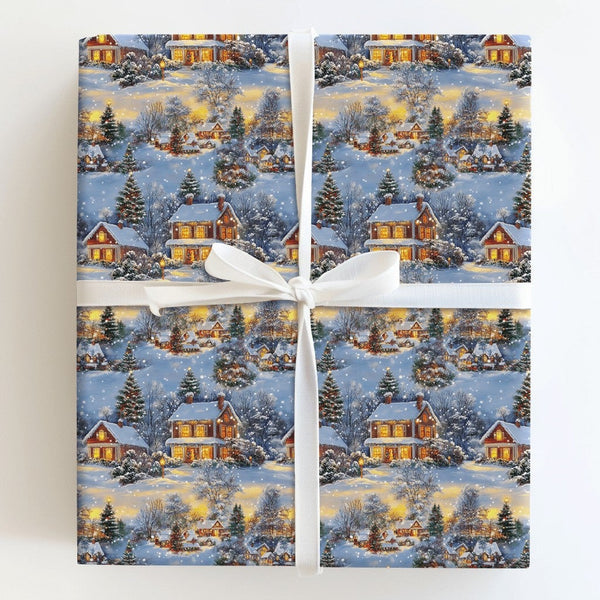 Winter Night Scene Gift Wrap, Snowy Christmas Village Wrapping Paper, Comfy Illuminated House Wrapping Paper, Festive Holiday