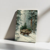 Winter Tree Cart Christmas Print, Snowy Forest Christmas Canvas Wall Art, Holiday Forest Poster, Seasonal Room Decor, Digital Download Present