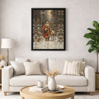 Snowy Winter Forest Canvas Wall Art, Santa Claus and Reindeer Canvas Print, Christmas Holiday Landscape Canvas, Rustic Xmas Home Decor