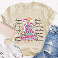 Aesthetic Holiday Graphic Tee, Joyful Peaceful Cheerful Christmas Tree T-Shirt, Retro Xmas Tree Shirt, Festive Winter Holiday Party Top