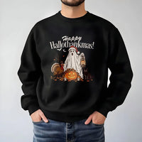Humorous Ghost Santa Hat Crewneck, Happy Hallothankmas Sweatshirt, Halloween Thanksgiving Sweater, Spooky Christmas Pullover, Fall Winter Present