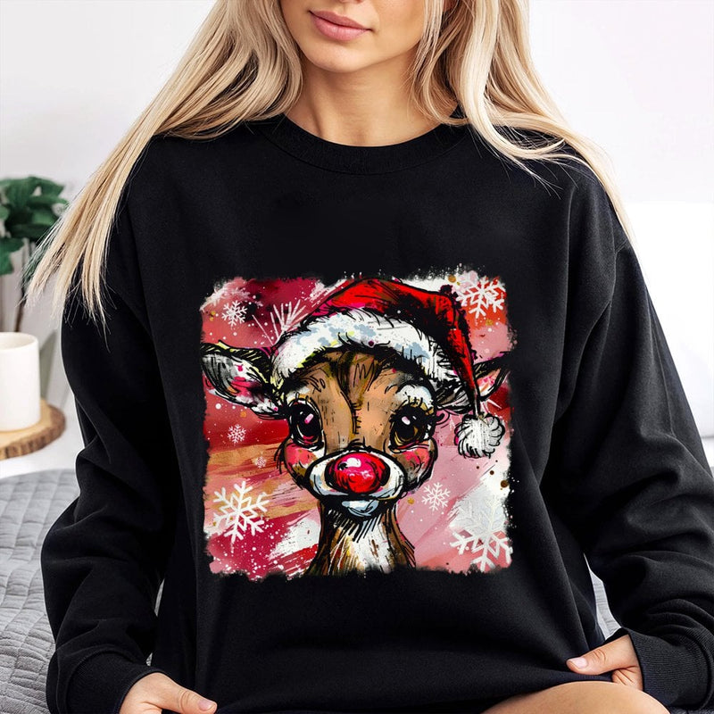 Adorable Red Nosed Reindeer Sweatshirt, Reindeer Christmas Sweatshirt, Festive Holiday Crewneck, Retro Winter Graphic Reindeer Sweatshirt