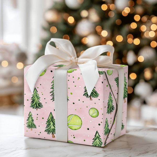 Watercolor Pine Tree Gift Wrap, Tennis Tree Wrapping Paper, Tennis Lover Christmas Wrapping Paper, Festive Sports Holiday Gif