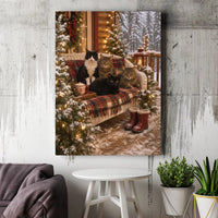 Snowy Porch Cat Wall Art, Christmas Cats Canvas, Comfy Cabin Holiday Cat Print, Winter Plaid Cat Canvas Art, Cat Lover Present Decor