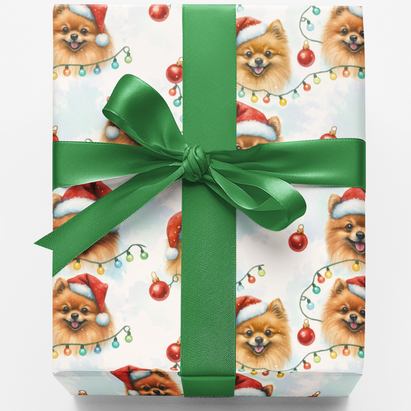 Santa Dog Gift Wrap, Pomeranian Christmas Wrapping Paper, Adorable Watercolor Pom Present Wrap, Holiday Pet Lover Present Pac