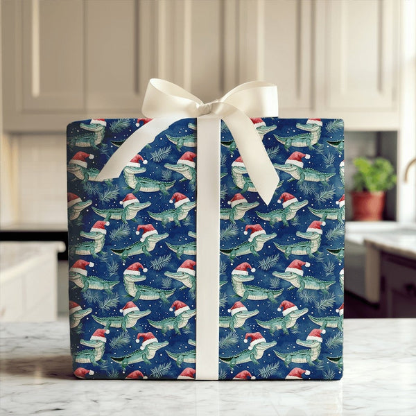 Adorable Holiday Gator Gift Wrap, Christmas Santa Alligator Wrapping Paper, Festive Florida Xmas Present Paper, Humorous Holi
