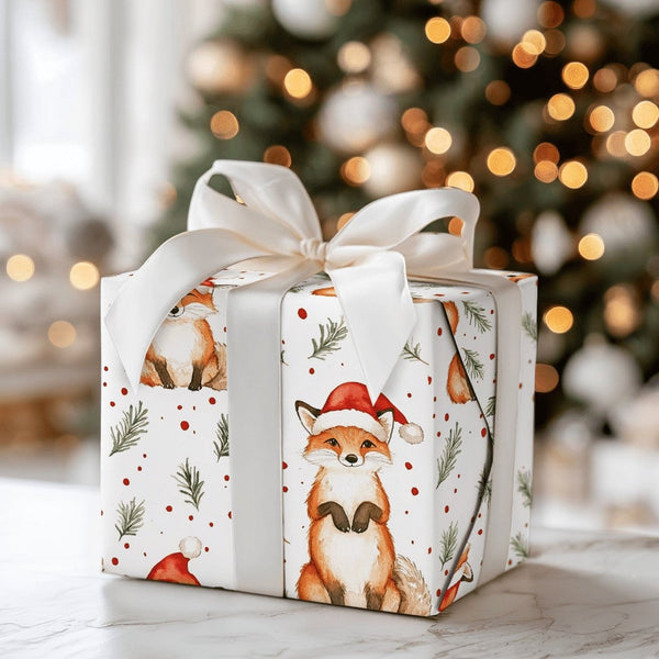 Santa Hat Animal Gift Wrap, Christmas Fox Wrapping Paper, Adorable Woodland Fox Wrapping Paper, Holiday Gift Wrap, Winter For