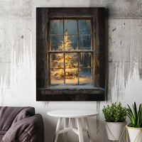 Winter Holiday Lights Canvas Print, Christmas Tree Snowy Window Canvas Art, Comfy Farmhouse Christmas Wall Decor, Seasonal Holiday Present