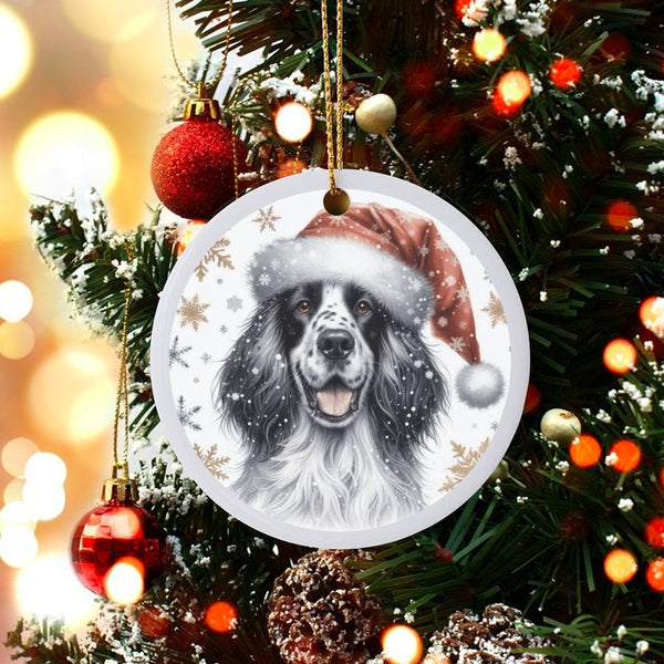 Dog in Santa Hat Ornament, English Springer Spaniel Christmas Ornament, Spaniel Puppy Tree Ornament, Dog Lover Ceramic Orname