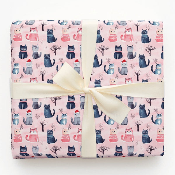 Adorable Kitten in Santa Hat Gift Wrap, Christmas Cat Wrapping Paper, Pink Winter Holiday Wrapping Paper, Cat Lover Present G