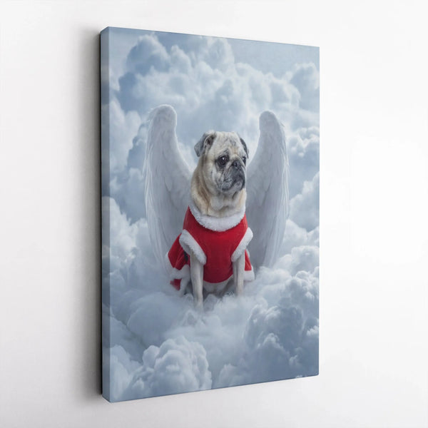 Pug with Wings on Clouds Canvas Print, Angel Pug Christmas Canvas Wall Art, Holiday Dog Canvas Painting, Festive Pet Lover Pr