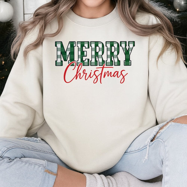 Green Buffalo Plaid Typography Sweater, Merry Christmas Sweatshirt, Festive Holiday Crewneck, Winter Plaid Pullover, Xmas Pre