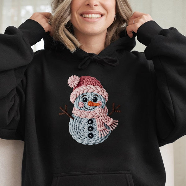 Knitted Yarn Snowman Sweatshirt, Adorable Snowman Hoodie, Winter Holiday Snowman Pullover, Comfy Christmas Hooded Sweatshirt,