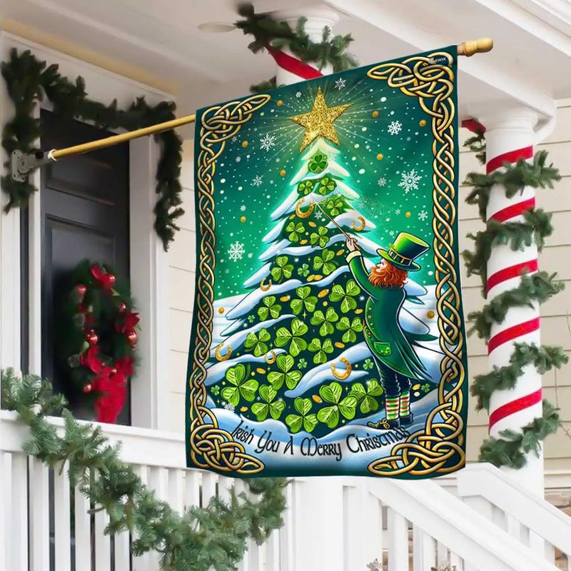 Shamrock Tree Leprechaun Yard Flag, Irish Christmas Garden Flag, St Patricks Holiday Outdoor Flag, Double-Sided Celtic Lawn Decor