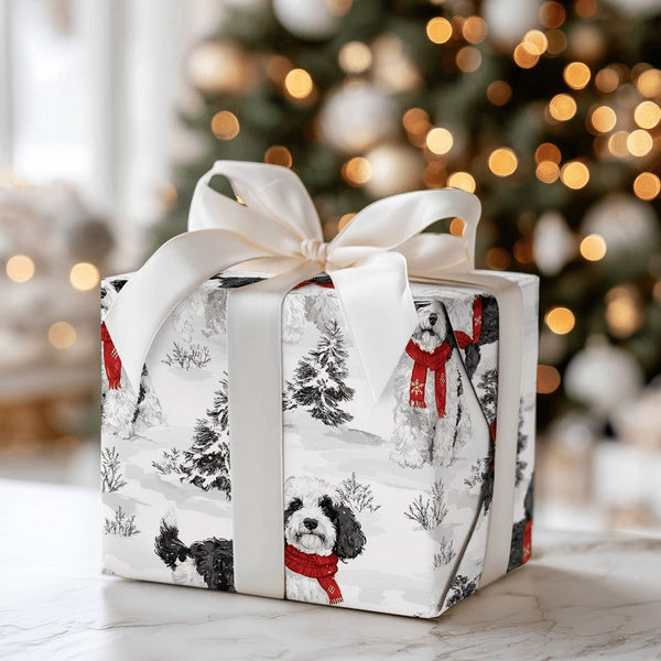 Winter Dog with Red Scarf Gift Wrap, Cockapoo Christmas Wrapping Paper, Holiday Puppy Gift Wrapping Paper, Festive Pet Lover 