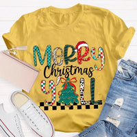 Colorful Christmas Tree Typography Tee, Merry Christmas Y'all Shirt, Southern Holiday Graphic T-Shirt, Family Xmas Apparel Present