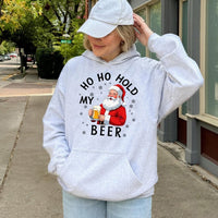 Humorous Christmas Drinking Sweatshirt, Ho Ho Hold My Beer Santa Hoodie, Santa Claus Beer Hooded Sweater, Retro Xmas Hoodie, Beer Lover Present