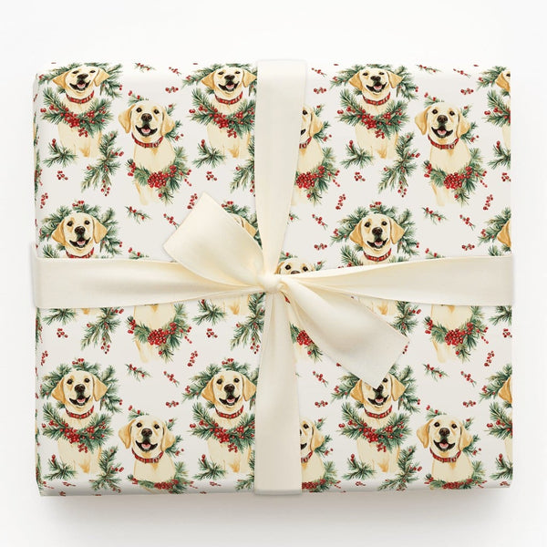 Christmas Dog Wreath Gift Wrap, Yellow Labrador Wrapping Paper, Adorable Yellow Lab Holiday Wrapping Paper, Dog Lover Christm