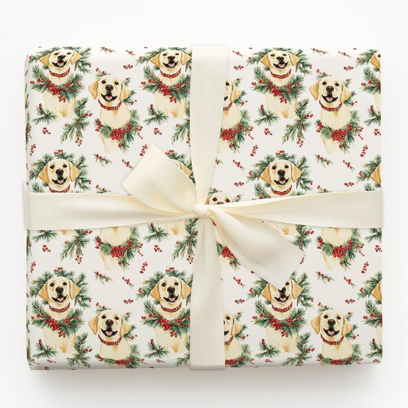 Christmas Dog Wreath Gift Wrap, Yellow Labrador Wrapping Paper, Adorable Yellow Lab Holiday Wrapping Paper, Dog Lover Christmas Wrapping Paper