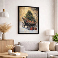 Snowy Tree and Presents Painting, Vintage Christmas Sleigh Canvas Print, Holiday Season Wall Art Poster, Winter Decor, Digital Download