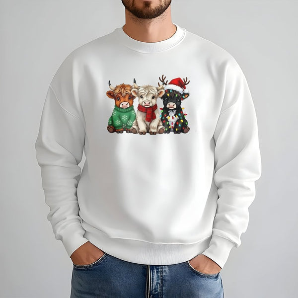 Festive Farm Animal Sweatshirt, Highland Cow Christmas Sweatshirt, Adorable Holiday Cow Crewneck, Winter Farmhouse Graphic Sw