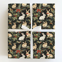 Rustic Winter Rabbit Gift Wrap, Woodland Bunny Christmas Wrapping Paper, Holiday Pine Berry Wrapping Paper, Comfy Woodland Animal Gift Wrap