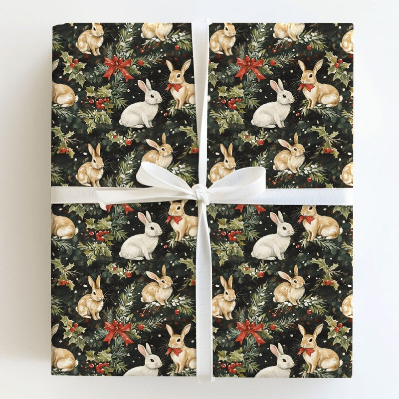 Rustic Winter Rabbit Gift Wrap, Woodland Bunny Christmas Wrapping Paper, Holiday Pine Berry Wrapping Paper, Comfy Woodland Animal Gift Wrap