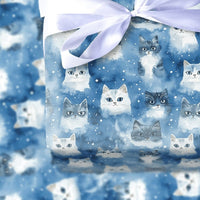 Snowy Blue Kitten Holiday Gift Wrap, Watercolor Winter Cat Wrapping Paper, Adorable Pet Lover Wrapping Paper, Comfy Christmas Cat Present Wrap