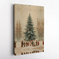 Children in Snowy Forest Scene Poster, Vintage Christmas Tree Wall Art Print, Nostalgic Holiday Winter Art, Digital Download Present