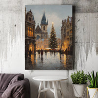 Old Town Square Winter Landscape Print, Prague Christmas Market Canvas Wall Art, Prague Winter Canvas, European Holiday Home Wall Decor