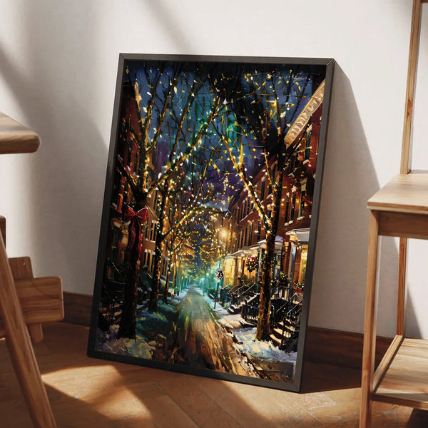 Snowy City Street Print, Christmas City Scene Poster, Vintage Holiday Town Wall Art, Comfy Winter Christmas House Decor