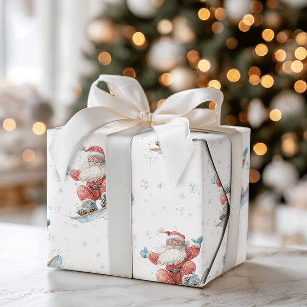 Watercolor Santa Gift Wrap, Snowboarding Santa Wrapping Paper, Winter Sports Wrapping Paper, Holiday Gift Wrap, Christmas Pre