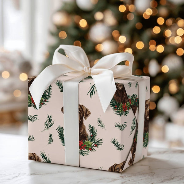 Dog Wreath Holiday Gift Wrap, Chocolate Labrador Christmas Wrapping Paper, Pet Lover Wrapping Paper, Festive Winter Puppy Gif