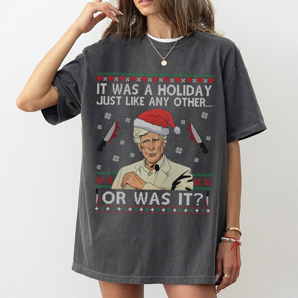 Humorous Serial Killer Holiday Graphic Tee, True Crime Ugly Christmas T-Shirt, True Crime Fan Christmas Shirt, Spooky Xmas To