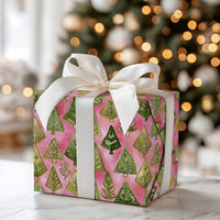 Green Trees Pink Gift Wrap, Watercolor Tree Christmas Wrapping Paper, Whimsical Holiday Tree Wrapping Paper, Festive Winter Wrapping Paper