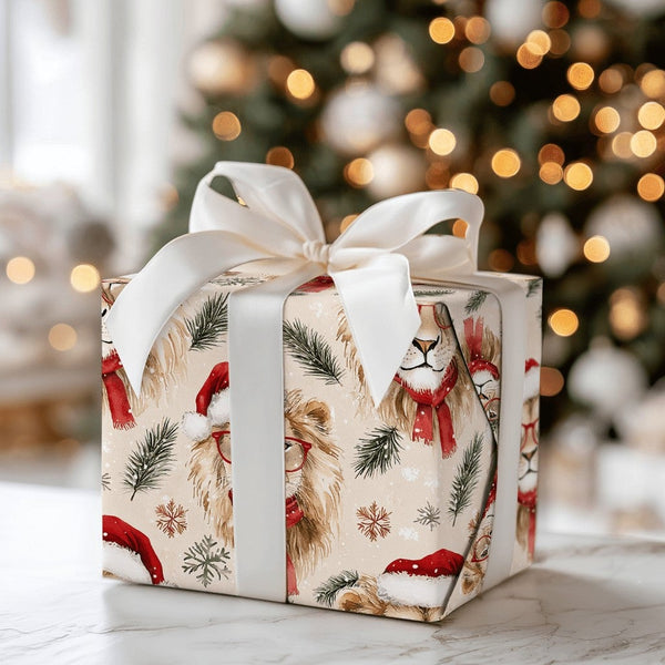 Watercolor Lion Gift Wrap, Santa Lion Christmas Wrapping Paper, Adorable Animal Wrapping Paper, Festive Holiday Gift Wrap, Xm