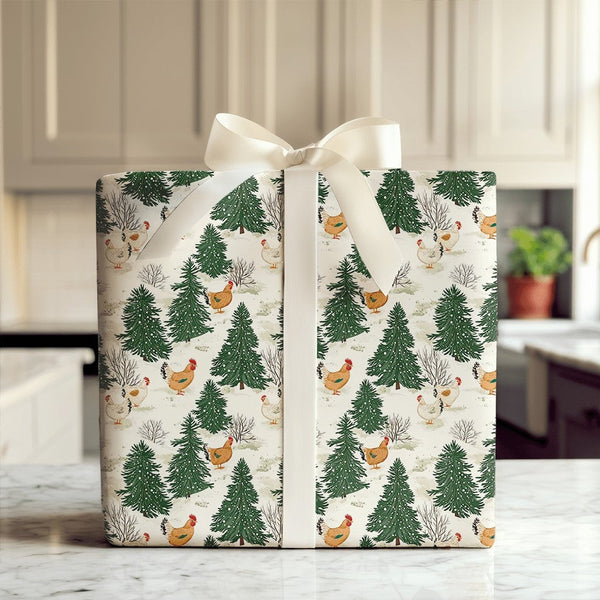 Winter Farm Gift Wrap, Christmas Chicken Wrapping Paper, Snowy Pine Forest Wrapping Paper, Rustic Holiday Chicken Wrapping Pa