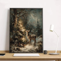Vintage Woodland Fawn Lit Tree Painting, Christmas Deer Wall Art, Holiday Fawn Print, Comfy Winter Forest Poster, Christmas Decor Present
