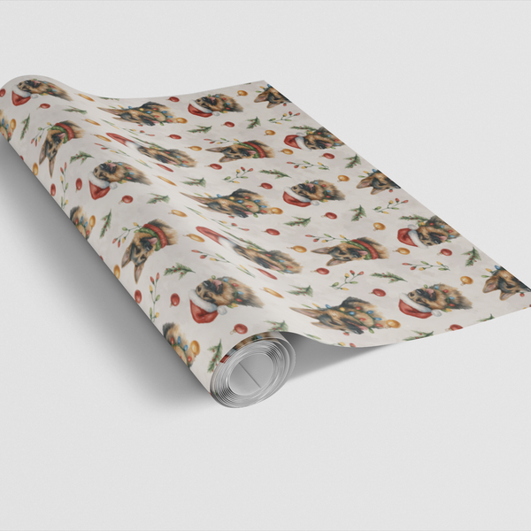German Shepherd Dog Holiday Gift Wrap, German Shepherd Christmas Wrapping Paper, Santa Hat Pup Wrapping Paper, Dog Lover Xmas